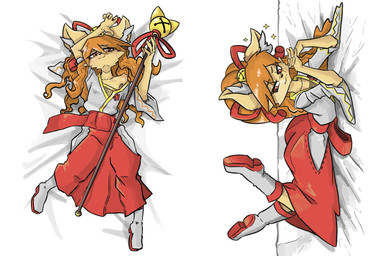 accessory anthro asian_clothing bed bed_sheet bedding bell blush boots bottomwear bow_ribbon clothed clothing dakimakura ear_tuft east_asian_clothing emblem facial_tuft female fingers_together fishnet_clothing fishnet_topwear flat_chested footwear fur furniture hair hair_accessory hair_bow hair_down hair_ribbon holding_object holding_staff japanese_clothing kimono legs_up long_hair looking_at_viewer lying off_shoulder on_back on_bed on_front orange_body orange_fur orange_hair ponytail red_bottomwear red_clothing red_eyes relaxing ribbons sash seductive shoes smug solo sparkles staff topwear tuft white_clothing white_topwear snoutless undertale undertale_(series) undertale_yellow ceroba_ketsukane canid canine fox mammal 2026 dakimakura_design digital_drawing_(artwork) digital_media_(artwork) hi_res