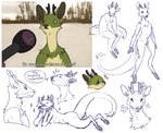 ambiguous_gender anthro antlers chest_tuft electronics floating_hearts fur green_body green_fur horn long_tail looking_at_viewer lying microphone multiple_poses nude pose side_view sitting sparkles tail tail_tuft tuft yellow_eyes rabbithabbit deer_being_interviewed mossweaver arthropod butterfly deer furred_kobold furred_scalie hybrid insect kobold lepidopteran mammal scalie meme sketch_page