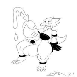 ahegao big_penis bodily_fluids breasts clothing cum disembodied_hand duo genital_fluids genitals gloves gynomorph handjob handwear hyper intersex looking_pleasured open_mouth penile penis sex shortstack shortstack_gynomorph shortstack_intersex solo_focus dirtymac kobold scalie 1:1 2023 absurd_res black_and_white digital_media_(artwork) hi_res monochrome