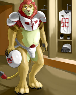 american_football anthro blue_eyes bulge clothing countershade_crotch countershade_torso countershading football_helmet holding_object jersey jockstrap male male_anthro mane musclegut muscular muscular_anthro muscular_male overweight overweight_anthro overweight_male pubes shirt shoulder_pads solo sport standing topwear underwear whisker_spots blaker felid lion mammal pantherine 2018 4:5