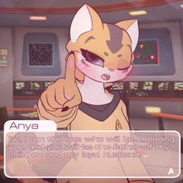 anthro blush caption clothing dialogue female gesture hand_gesture human_on_anthro interspecies looking_at_viewer pointing pointing_at_viewer text uniform visual_novel_interface milnegake_cherret star_trek star_trek_online star_trek_the_original_series anya_clowder_(milnegake_cherret) caitian felid feline human mammal pantherine tiger 1:1 absurd_res english_text hi_res