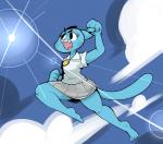 anthro blue_body blue_fur bottomwear clothed clothing cloud female fist fur mature_anthro mature_female open_mouth raised_arm raised_fist raised_hand skirt solo machetesaga cartoon_network the_amazing_world_of_gumball nicole_watterson domestic_cat felid feline felis mammal