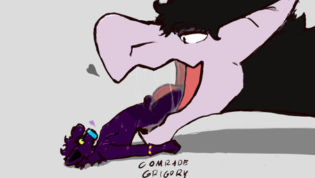 anthro bdsm bodily_fluids bulge bulge_lick feral gas_mask gimp heart_symbol latex licking male mask null_bulge oral_vore romantic romantic_couple saliva simple_background tongue vore comrade_grigory mythology alien dragon mythological_creature mythological_scalie scalie absurd_res hi_res