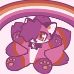 anthro bangs female fur lesbian_pride_colors lgbt_pride open_mouth open_smile orange_lesbian_pride_colors pink_body pink_fur pride_colors rainbow rainbow_arch smile solo yakkotsuki yuki_(labbit) canid canine fox mammal 1:1 hi_res