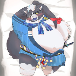 anthro asian_clothing belly black_body black_fur blush clothing dakimakura east_asian_clothing eye_patch eyewear footwear fur japanese_clothing katana kimono lying male melee_weapon on_back overweight samurai scar smile socks solo sword tabi_socks warrior weapon yellow_eyes kihiro_ya03 vtuber matatabi_maguro domestic_cat felid feline felis mammal 1:1