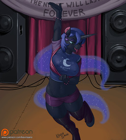 anthro anthrofied blue_hair clothed clothing ear_piercing female flashing hair horn legwear midriff navel piercing raised_arm solo speaker stage text tongue tongue_out tongue_piercing kevinsano friendship_is_magic hasbro my_little_pony mythology nightmare_moon_(mlp) equid equine mammal mythological_creature mythological_equine unicorn 2015 digital_media_(artwork) english_text url