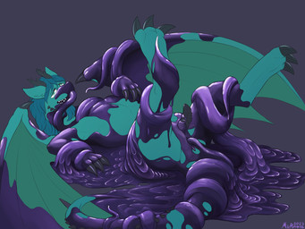 anal anal_penetration animal_genitalia anus bound butt claws corruption dripping erection feral gender_transformation genital_slit genitals genitals_shrinking glistening glistening_body goo_drip goo_transformation green_eyes grin hair horn knot latex latex_transformation liquid liquid_latex looking_pleasured male membrane_(anatomy) membranous_wings mtf_transformation nude oral oral_penetration penetration penis penis_shrinking presenting restrained restrained_by_tentacles sex simple_background smile solo teeth tentacle_in_ass tentacle_in_mouth tentacle_penetration tentacle_sex tentacles toe_claws transformation wing_claws wings miramore european_mythology hasbro my_little_pony mythology poison_trail dragon mythological_creature mythological_scalie scalie western_dragon 2022 4:3 dated digital_media_(artwork) hi_res sequence