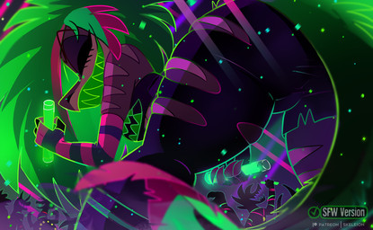 anthro arm_warmers armwear bent_over biped bottomwear butt clothing eyes_closed female fur glowstick green_body green_fur green_hair grin group hair pants pink_body sharp_teeth smile teeth torn_bottomwear torn_clothing torn_pants skeleion hazbin_hotel hellaverse missi_zilla zeezi_(hazbin_hotel) dinosaur prehistoric_species reptile scalie 2026 digital_media_(artwork)