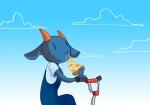 bicycle blue_body blue_fur clothed clothing cloud cycling eating female food fur gradient_background horn outside overalls pizza simple_background sky smile solo vehicle papplemelon nan_quest nan_(nq) bovid caprine goat mammal hi_res