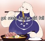 anthro big_breasts bowl breasts chopsticks chubby_cheeks closed_smile clothing collar container cutlery delta_rune_(emblem) eating eating_food egg eyes_closed feeding female fluffy_ears food fur happy holding_object horn kitchen_utensils meat mouth_closed nails noodles overweight overweight_anthro overweight_female rice shirt simple_background sitting slightly_chubby slightly_chubby_anthro slightly_chubby_female slurping smile solo soup spoon sweater symbol symbol_on_clothing tools topwear white_body white_fur jaypixi undertale undertale_(series) toriel bovid caprine goat humanoid mammal hi_res meme