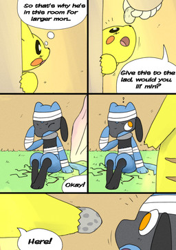 5_panel_comic ambiguous_gender anthro bandage biped black_nose black_text cheek_spots dialogue duo ellipsis exclamation_point eyes_closed feral grass holding_rock inner_monologue looking_at_object motion_lines on_ground open_mouth orange_eyes paws plant pupils question_mark rock sitting speech_bubble tail talking_to_another text thinking tongue white_pupils white_sclera yellow_body sawlamander nintendo pokemon pokemon_mystery_dungeon spike_chunsoft generation_1_pokemon generation_4_pokemon pikachu pokemon_(species) riolu 2026 comic english_text hi_res
