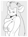 anthro border breasts eyewear female goggles hair long_hair looking_at_viewer nipples solo standing white_border reishuseyu chip_'n_dale_rescue_rangers disney gadget_hackwrench mammal mouse murid murine rodent greyscale monochrome