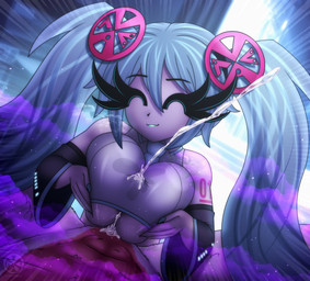 anthro big_breasts blue_hair bodily_fluids breast_play breast_squeeze breasts bulge clothing cum cum_between_breasts duo dutch_angle ejaculation eyes_closed female first_person_view genital_fluids genitals hair interspecies male male/female not_furry_focus open_mouth penis pigtails sex smile solo_focus squeezing titfuck vrabo vocaloid hatsune_miku humanoid absurd_res hi_res