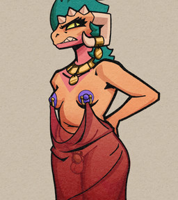 angry anthro areola balls barbell_piercing biped chastity_cage chastity_device chest_markings clenched_teeth clothed clothed_anthro clothed_gynomorph clothing curved_horn dress eyelashes frown furrowed_eyebrows genitals gynomorph gynomorph_anthro hair hand_on_hip hand_on_own_hip horn horn_jewelry intersex intersex_anthro jewelry looking_at_viewer markings narrowed_eyes nipple_barbell nipple_piercing nipples orange_body piercing purple_areola purple_nipples quadrilateral_nipple_piercing red_clothing red_dress sharp_teeth simple_background solo standing strapless_clothing strapless_dress teeth translucent translucent_clothing translucent_dress wide_hips yellow_sclera areye_(artist) microsoft the_elder_scrolls quivers-for-arrows argonian scalie 2026 digital_drawing_(artwork) digital_media_(artwork) hi_res male_(lore)