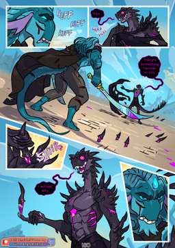 abs anthro blood blue_body blue_eyes bodily_fluids bottomwear clothed clothing day dialogue dual_wielding duo forehead_gem gem holding_object holding_weapon hooded_cloak jagged_teeth loincloth loincloth_only long_tail male male_anthro melee_weapon muscular muscular_anthro muscular_male pseudo_hair purple_sclera scar sharp_teeth sword tail teeth tentacle_hair tentacles text throwing_knife topless topless_anthro topless_male torn_cloak undressing_self village weapon wounded zummeng alexander_(zummeng) aquatic cephalopod coleoid deity mollusk octopodiform reptile scalie 2026 comic english_text