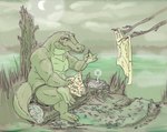 anthro belly clothed clothing dnd5e green_body male sewing sewing_needle slightly_chubby smile solo tail thick_thighs lavilovi dungeons_and_dragons hasbro wizards_of_the_coast alligator alligatorid crocodilian lizardfolk_(dnd) lizardman reptile scalie digital_media_(artwork)