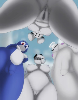 anthro balls belly big_breasts blue_body breasts eyelashes female female_anthro flaccid genitals group halo intersex intersex_anthro looking_at_viewer looking_down looking_down_at_viewer low-angle_view nude nude_anthro nude_female nude_intersex penis standing vulva white_body worm's-eye_view magixel sefex magixel_universe basylisa_(magixel) fancy_(magixel) lavanda_(magixel) polina_(magixel) amphibian domestic_cat felid feline felis frog lagomorph leporid mammal rabbit digital_drawing_(artwork) digital_media_(artwork) hi_res