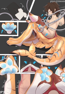 blue_pawpads bound breasts brown_hair bulge clothing countershade_feet countershade_hands countershade_legs countershade_torso countershading detailed_bulge directional_arrow encasement erection eyewear feet female fin first_person_view gender_transformation genital_outline genitals genitals_shrinking glasses glistening glistening_body hair human_to_anthro legs_together low-angle_view male male_human motion_lines mtf_transformation nipples non-mammal_breasts non-mammal_nipples nude orange_body orange_eyes pawpads penis penis_outline penis_shrinking restraints robot_arm side_view sitting sitting_on_ground solo species_transformation suit_transformation tail tail_fin text transformation transformation_pov transformation_sequence undressing white_body white_countershading yimoon640 potatoshark_(potatoximon) aquatic fish human mammal shark 2025 artist_name colored comic hi_res shaded