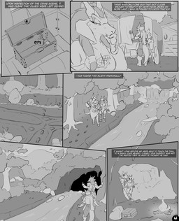 anthro armor big_breasts breasts cave clothed clothed_anthro clothed_female clothed_male clothing dress duo female footprint forest hair lock long_hair male melee_weapon padlock plant river sword tail text tree weapon zerofox1000 mythology koriah dragon mythological_creature mythological_scalie scalie 2026 comic english_text greyscale hi_res monochrome