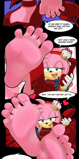 5_toes anthro barefoot clothing feet female foot_fetish foot_focus green_eyes heart_symbol open_mouth pink_body red_clothing soles speech_bubble text toes mrff25 sega sonic_the_hedgehog_(series) the_murder_of_sonic_the_hedgehog amy_rose eulipotyphlan hedgehog mammal absurd_res hi_res url