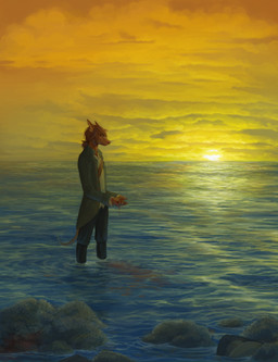 accessory anthro blood bodily_fluids clothed clothing cloud coat detailed_background hair hair_accessory hair_tie horizon long_sleeves notched_ear outside sea seascape shirt sky solo standing sun sunset topwear water seriousmccoy