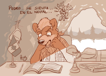 anthro book canadian_flag cave cheek_tuft clothed clothing facial_tuft hair inside kerchief lamp logo male male_anthro neckerchief neckwear open_clothing open_mouth open_topwear short_hair sitting solo text topwear tuft pandapaco bear mammal 2014 artist_logo hi_res monochrome signature spanish_text