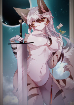 4_toes andromorph andromorph/female anthro armor belly big_breasts black_hole breasts clothing feet female flower fur gauntlets gloves grey_hair hair handwear intersex intersex/female kemono melee_weapon plant solo star sword tan_body tan_fur toes universe weapon nico_starlight frocloud felid feline humanoid mammal absurd_res hi_res