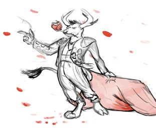 2_horns 3_fingers anthro barefoot biped bottomwear bullfighter clothed clothed_anthro clothed_male clothing eyes_closed feet fingers flower flower_in_mouth front_view fully_clothed fully_clothed_anthro fully_clothed_male gesture hand_gesture head_horn holding_object hooves horn jacket male mouth_closed pants petals plant red_petals rose_(flower) rose_in_mouth simple_background solo tail tail_tuft topwear tuft vest white_background deriaz bovid bovine cattle mammal 2013 digital_drawing_(artwork) digital_media_(artwork) full-length_portrait partially_colored portrait