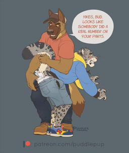 5_fingers ageplay anthro biped blue_eyes bottomwear brown_body brown_fur brown_pawpads claws clothed clothing dialogue diaper diaper_check diaper_under_clothing fingers footwear fur fur_markings grey_body grey_fur hoodie infantilism male markings pawpads paws raised_tail red_clothing red_shirt red_topwear roleplay shirt shoes shorts simple_background sneakers speech_bubble tail text topwear unclean_diaper used_diaper wearing_diaper puddlepup patreon canid canine canis domestic_dog felid mammal pantherine snow_leopard 2019 digital_media_(artwork) english_text url