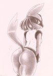 anthro big_butt breasts butt butt_focus eyelashes female fur heart_symbol looking_at_viewer looking_back nude pose rear_view side_boob simple_background solo standing thick_thighs fullfolka nintendo pokemon canid generation_4_pokemon humanoid lucario mammal pokemon_(species) hi_res monochrome