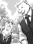 5_fingers anthro clothed clothing duo eyes_closed fingers fur humanoid_hands male open_mouth topwear shirako beastars riz_(beastars) tem_(beastars) alpaca bear brown_bear camelid mammal ursine 3:4 hi_res monochrome signature