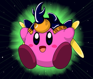 ambiguous_gender blue_eyes blush blush_stickers open_mouth pink_body solo wings aki_(pixiv_142126) kirby_(series) nintendo beetle_kirby kirby alien arthropod beetle hybrid insect japanese_rhinoceros_beetle rhinoceros_beetle scarabaeid waddling_head 2013 japanese_description