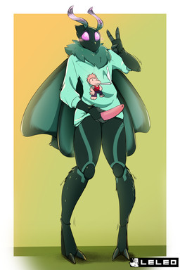 anthro clothing embarrassed erection fur genitals gesture green_body green_fur hand_gesture holding_penis male neck_tuft paistaa penis pink_eyes sweater topwear tuft v_sign leleo arthropod insect lepidopteran moth absurd_res hi_res