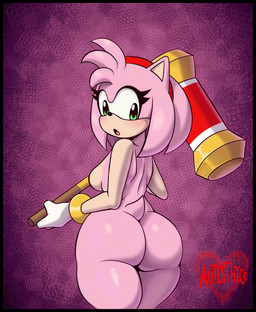 accessory anthro big_butt black_border black_nose border bracelet breasts butt clothing eyelashes female fur glistening glistening_butt glistening_thighs gloves green_eyes hair hair_accessory hairband hammer handwear head_tuft holding_hammer holding_object holding_tool holding_weapon jewelry looking_back nude open_mouth pink_body pink_fur pink_hair purple_background rear_view short_hair simple_background solo tan_body tan_fur thick_thighs tools tuft weapon white_clothing white_gloves white_handwear wide_hips autisthicc69 sega sonic_the_hedgehog_(series) amy_rose eulipotyphlan hedgehog mammal hi_res