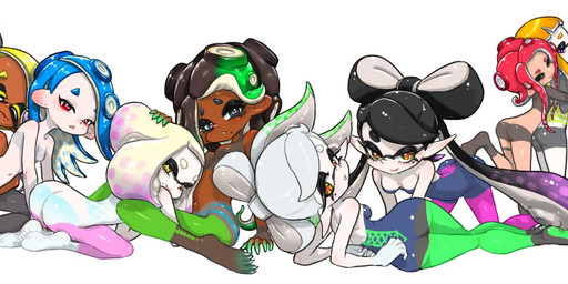 anthro bent_over breasts butt covering covering_eyes covering_face dark_body dark_skin fangs female female/female group hand_on_another's_head hug humanoid_pointy_ears kneeling looking_at_viewer lying male midriff on_side pointy_ears pseudo_hair simple_background sitting small_breasts teeth tentacle_hair tentacles white_background koharuno2 nintendo splatoon agent_3_(splatoon) agent_8_(splatoon) big_man_(splatoon) callie_(splatoon) frye_(splatoon) marie_(splatoon) marina_(splatoon) pearl_(splatoon) shiver_(splatoon) aquatic cephalopod fish humanoid inkling manta_ray mollusk octarian octoling ray_(fish) 3:1