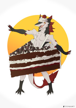 anthro black_body cake cake_costume clothed clothing dessert female food food_costume fur hair looking_at_viewer open_mouth red_hair simple_background smile solo tail tail_tuft tapering_tail teeth tongue tuft white_body white_fur conditional_dnp teremunart sheza_soulscar sergal absurd_res hi_res