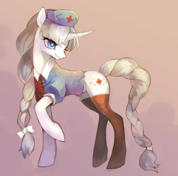 blue_eyes braided_tail clothed clothed_feral clothing cutie_mark female feral hat headgear headwear horn legwear looking_at_viewer nurse_clothing nurse_hat nurse_headwear ponification quadruped red_cross simple_background smile solo tail thigh_highs keemoringo hasbro my_little_pony mythology touhou eirin_yagokoro equid equine mammal mythological_creature mythological_equine unicorn