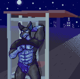abs anthro barazoku black_body black_clothing black_fur black_shirt black_topwear blue_body blue_clothing blue_eyes blue_fur blue_jockstrap blue_underwear bulge bus_stop clothed clothing clothing_lift detailed_bulge erection erection_under_bottomwear erection_under_jockstrap erection_under_underwear exhibitionism fur jockstrap looking_at_viewer male muscular nipple_fetish nipple_pinch nipple_play nipples outside pecs pinch public shirt shirt_in_mouth shirt_lift short_sleeves smile smirk solo tenting topwear underwear akadthefox sed_(akadthefox) canid canine canis dobermann domestic_dog mammal pinscher digital_media_(artwork) pixel_(artwork)