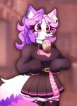 anthro belt beverage blush bodily_fluids bottomwear breast_rest breasts bubble_tea clothing female fluffy fluffy_tail fur hair leg_markings legwear looking_at_object markings oversized_clothing pink_body pink_fur pink_hair purple_body purple_fur purple_hair skirt solo sweat sweatdrop sweater tail thigh_highs thigh_markings topwear white_body white_fur katgod101 arlenne_(katgod101) canid canine canis domestic_dog mammal absurd_res hi_res