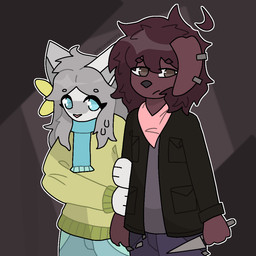 accessory anthro black_clothing black_jacket black_topwear blue_bottomwear blue_clothing blue_eyes blue_jeans blue_pants blue_scarf bottomwear brown_body brown_fur brown_hair clothing denim denim_bottomwear denim_clothing duo ear_piercing female floppy_ears flower flower_in_hair fur grey_hair hair hair_accessory jacket jeans kerchief knife male male/female neckerchief neckwear pants piercing pink_kerchief pink_neckerchief plant purple_clothing scarf standing sweater topwear whiskers white_body white_fur yellow_clothing yellow_sweater yellow_topwear ashblondekittyy rex_(ashblondekittyy) yuna_(ashblondekitty) canid canine canis domestic_cat domestic_dog felid feline felis mammal 1:1 trans_(lore) trans_man_(lore) trans_woman_(lore)