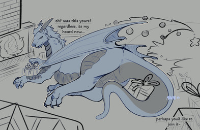 box christmas_decorations christmas_tree claws container dialogue feral gift_box holidays horn looking_back male membrane_(anatomy) membranous_wings paws plant rear_view scales sitting solo tail text tree wings makar-ro christmas european_mythology mythology ashgar_(character) dragon mythological_creature mythological_scalie scalie western_dragon english_text hi_res