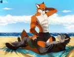 4_toes 5_fingers abs anthro beach black_nose brown_body brown_fur countershading day detailed_background digitigrade duo eyebrows eyelashes feet fingers fur kneeling lying male male/male on_back outside sand seaside shoreline sky smile straddling toes water nerton canid canine canis fox mammal wolf 2020 digital_media_(artwork)