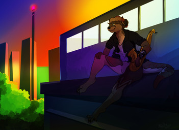 anthro biped bottomless brown_body brown_fur building city clothed clothing featureless_crotch feet fur green_eyes male membrane_(anatomy) musical_instrument outside saxophone sitting skyscraper solo sunset tenor_saxophone toes webbed_feet wind_instrument woodwind_instrument indigonanu mammal mustelid otter absurd_res digital_media_(artwork) hi_res
