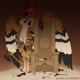 anthro areola biped blood bodily_fluids breasts claws countershade_torso countershading feathers feet female fingers front_view fur genitals looking_at_viewer navel nipples nude nude_anthro nude_female solo standing stripes tail toes vulva wings goolee mythology avian gryphon mythological_avian mythological_creature