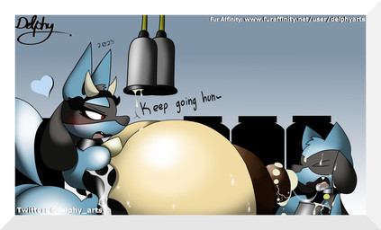 animal_print anthro big_breasts blush bodily_fluids breasts collar cow_print cowbell cowbell_collar dialogue duo female gagging huge_breasts hyper hyper_breasts lactating machine milking_machine saliva saliva_string sweat sweaty_breasts delphyarts nintendo pokemon generation_4_pokemon lucario pokemon_(species) riolu absurd_res hi_res