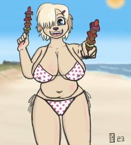 accessory anthro beach big_breasts bikini black_nose blonde_hair blue_eyes blurred_background breasts clothed clothing female floppy_ears food fur hair hair_accessory hair_over_eye hairclip kebab meat navel offering_food offering_to_viewer one_eye_obstructed open_mouth pawpads plant polka_dot_bikini polka_dots sea seaside sharp_teeth skimpy sky slightly_chubby smile smiling_at_viewer solo standing sun swimwear tan_body tan_fur teeth two-piece_swimsuit vegetable water nautilusbomb stella_wojciehowicz bird_dog canid canine canis domestic_dog golden_retriever hunting_dog mammal retriever 2023 hi_res