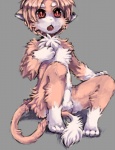 animal_genitalia anthro balls chest_tuft fluffy fully_sheathed fur genitals male open_mouth paws pink_body pink_fur red_eyes sheath simple_background solo tail tuft miri domestic_cat felid feline felis mammal absurd_res hi_res