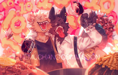 alcohol anthro beverage black_body black_fur brown_body brown_fur container cup drinking_glass duo eyes_closed food fries fur glass glass_container glass_cup male open_mouth open_smile slim_anthro slim_male smile tongue tongue_out wine wine_glass hemuchang canid canine canis domestic_cat felid feline felis mammal wolf 2022 hi_res