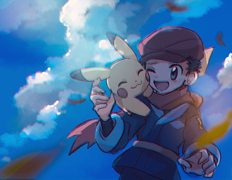 blue_eyes blue_hair blush carrying_another clothing cloud duo eyes_closed feral hair hat headgear headwear male on_shoulders one_eye_closed open_mouth scarf size_difference sky tail tongue yellow_body 1south3927 nintendo pokemon pokemon_legends_arceus rei_(pokemon) generation_1_pokemon human mammal pikachu pokemon_(species) 2022 hi_res