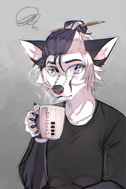 anthro black_claws black_clothing black_eyebrows black_hair black_markings black_nose black_shirt black_topwear blue_eyes cheek_tuft claws clothing collarbone container cup eyebrows eyewear facial_piercing facial_tuft female fur furgonomic_piercing furgonomics glasses hair hair_bun holding_container holding_cup holding_object markings multicolored_hair muzzle_piercing nose_piercing pen_(object) piercing round_glasses shirt snout solo text topwear tuft two_tone_hair wearing_glasses white_body white_fur white_hair azzai canid canine fox mammal colored colored_sketch digital_drawing_(artwork) digital_media_(artwork) english_text half-length_portrait portrait shaded sketch